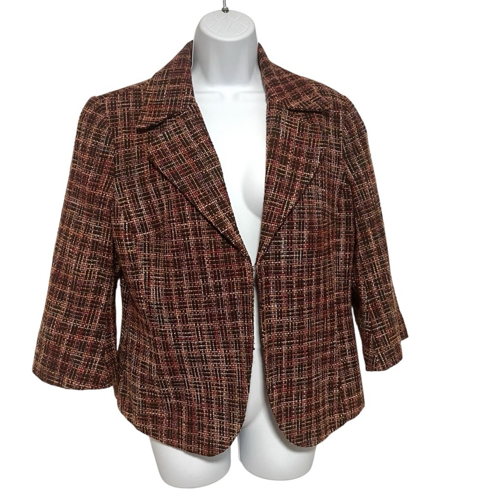 Coldwater Creek Woven Plaid Wool Blend Blazer 3/4 Flare Bell Sleeve Size 12 Hook